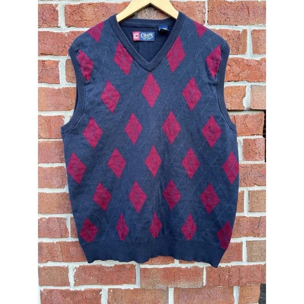 Chaps Argyle Sweater Vest Mens L Navy Burgundy Cotton Preppy Golf Dad Core